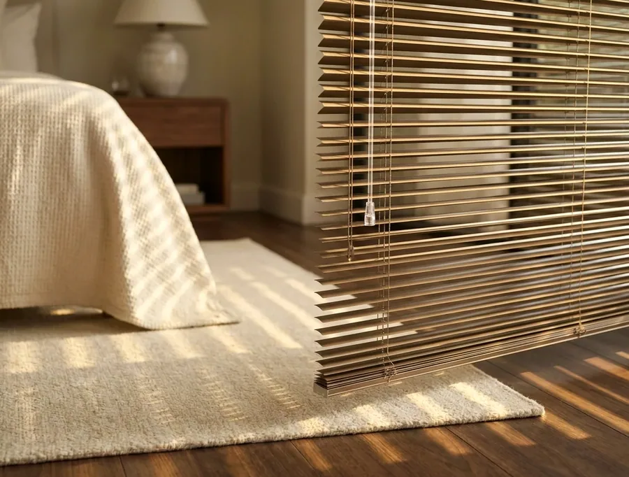Aluminium venetian blind with slim horizontal slats tilted open beside a bed
