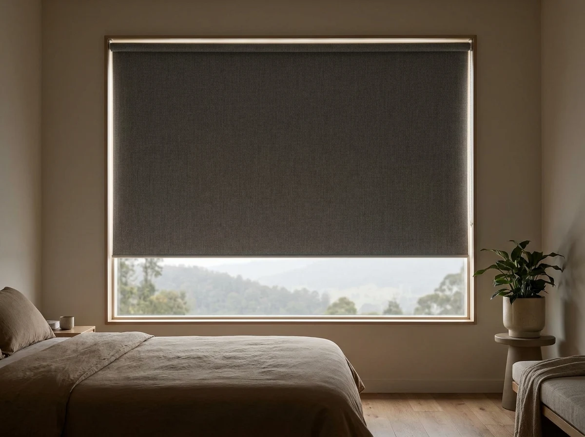 Blockout roller blind fully lowered over an east-facing bedroom window, treed slope glimpsed through a narrow gap at the hem