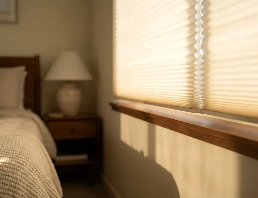 Cellular honeycomb blind lowered across a bedroom window, warm light glowing through the cell fabric