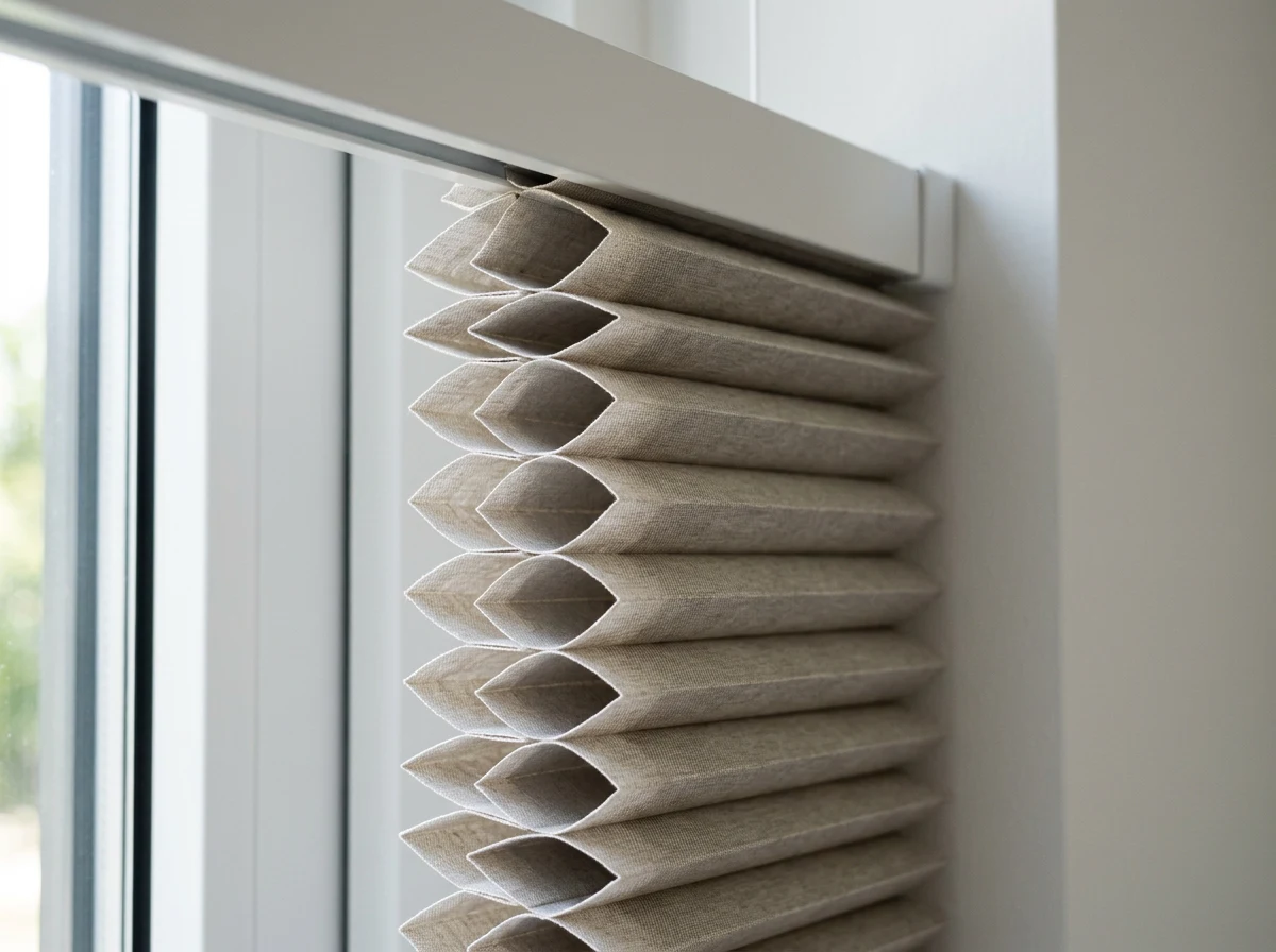 Close-up of cellular honeycomb blind fabric folded at the headrail, hexagonal cells catching side light