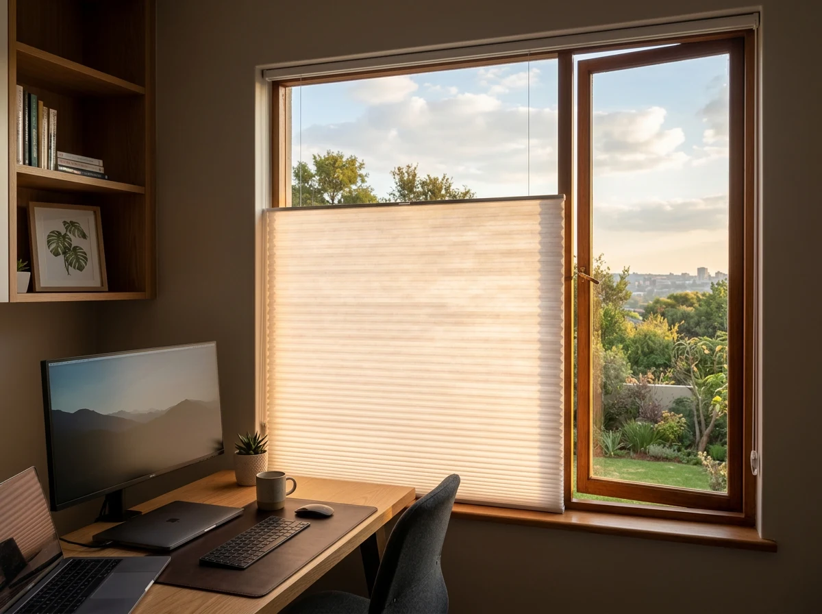 Cellular honeycomb blind top-down bottom-up in a home office window, privacy below and sky visible above