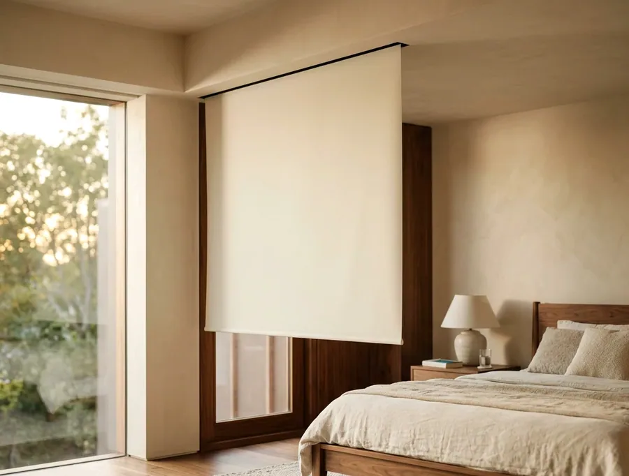 Roller blind dropping from a concealed ceiling recess so the headbox is hidden from the room