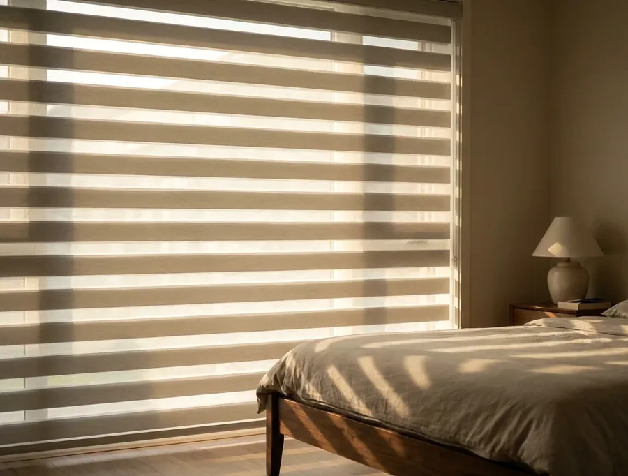 Day-night blind with alternating sheer and solid horizontal bands across a bedroom window