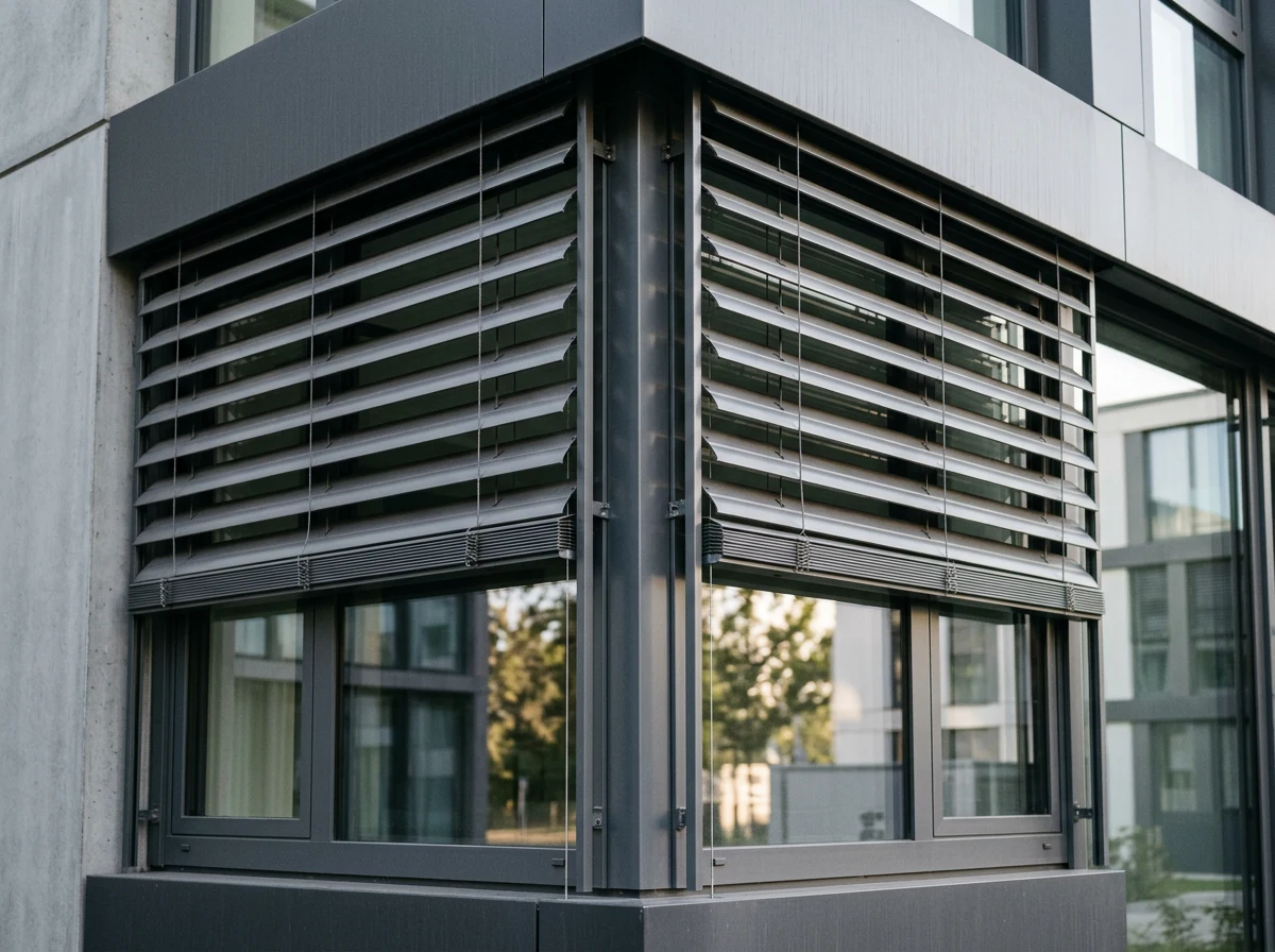Detail of external aluminium venetian blind slats partially raised at a window corner, powder-coated finish