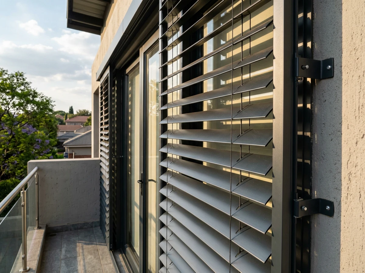 External aluminium venetian blinds mounted outside a balcony's glass doors, wide slats tilted to cut low afternoon sun