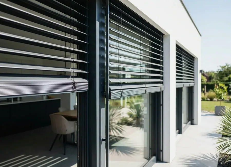 External venetian blinds in wide aluminium slats mounted outside the glass of a contemporary facade, tilted to cut the sun