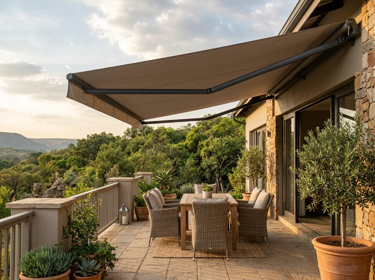 Folding-arm awning extended over a patio at a reserve-edge Groenkloof home, view of the nature reserve treeline