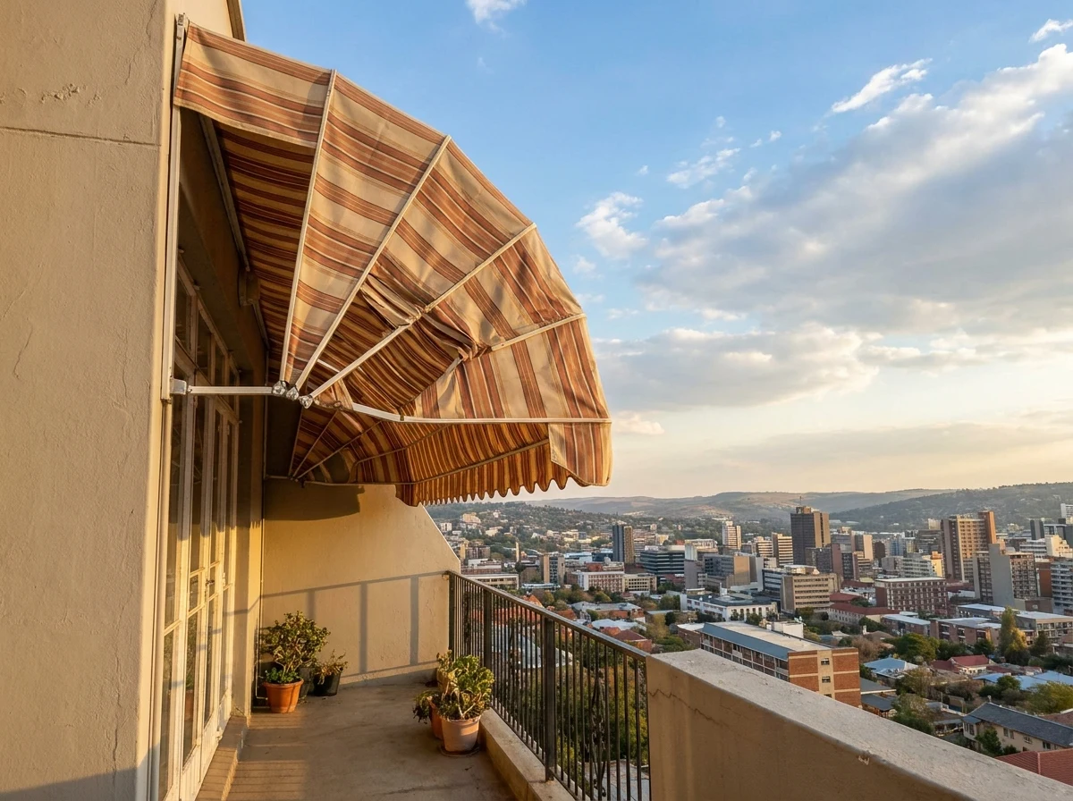 Folding-arm awning half-retracted above a balcony, city bowl view under a highveld sky