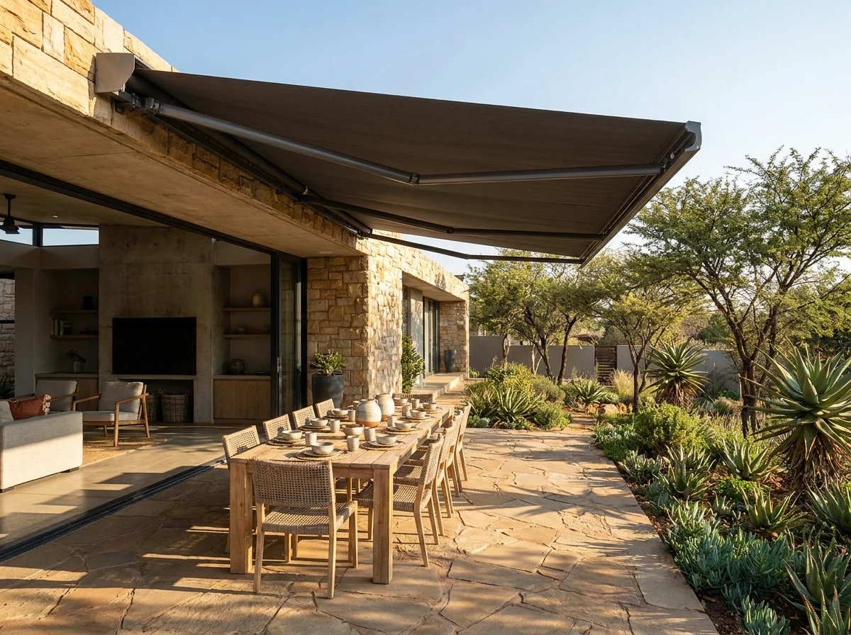 Folding-arm awning extended over an outdoor dining patio, table and chairs in dappled shade below