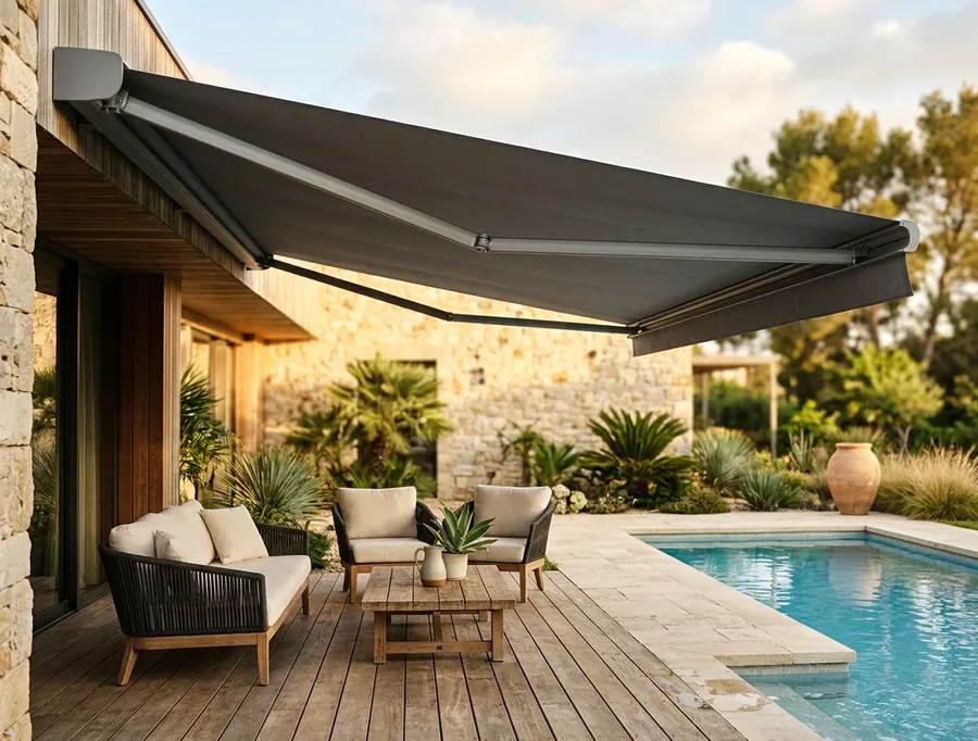 Folding-arm awning extended over a deck on spring-tensioned arms, with no support posts under the fabric