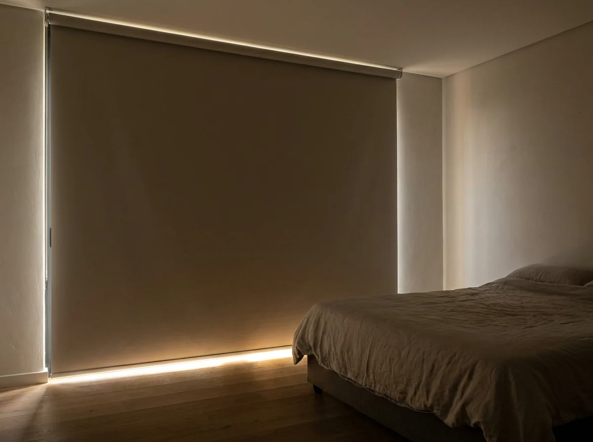 A blockout roller blind — one smooth flat sheet of fabric on a tube, no folds — fully lowered over a bedroom window at dusk, a thin line of light glowing around the edges