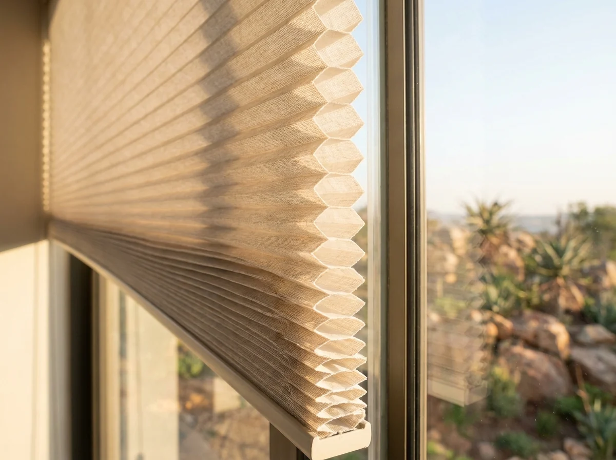Close detail of a cellular honeycomb blind, the hexagonal air cells clearly visible in profile against a Waterkloof Ridge window with a rocky koppie garden beyond the glass