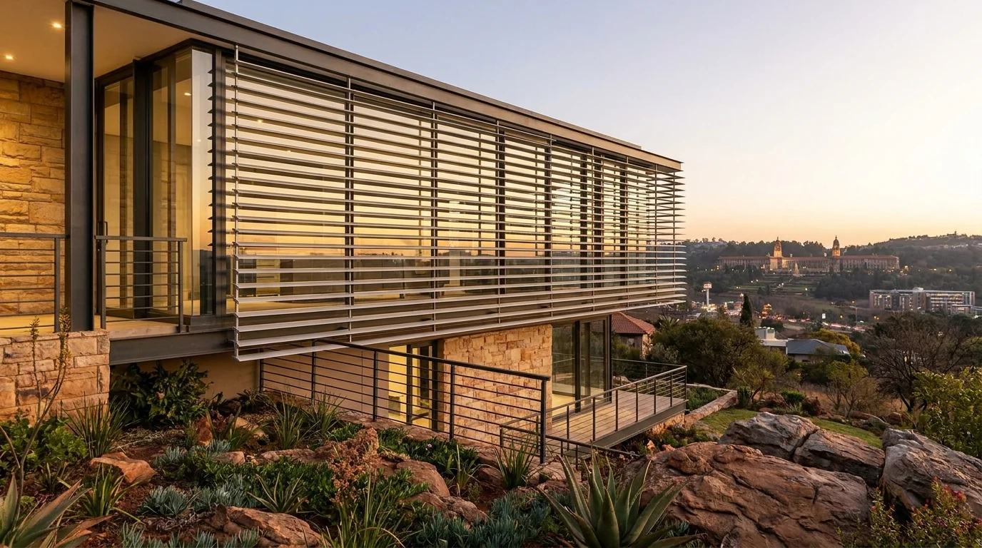A contemporary Waterkloof Ridge home on a terraced koppie stand, external aluminium venetian blinds lowered across a wide glass wall to cut the low golden-hour sun, the Union Buildings visible across the valley