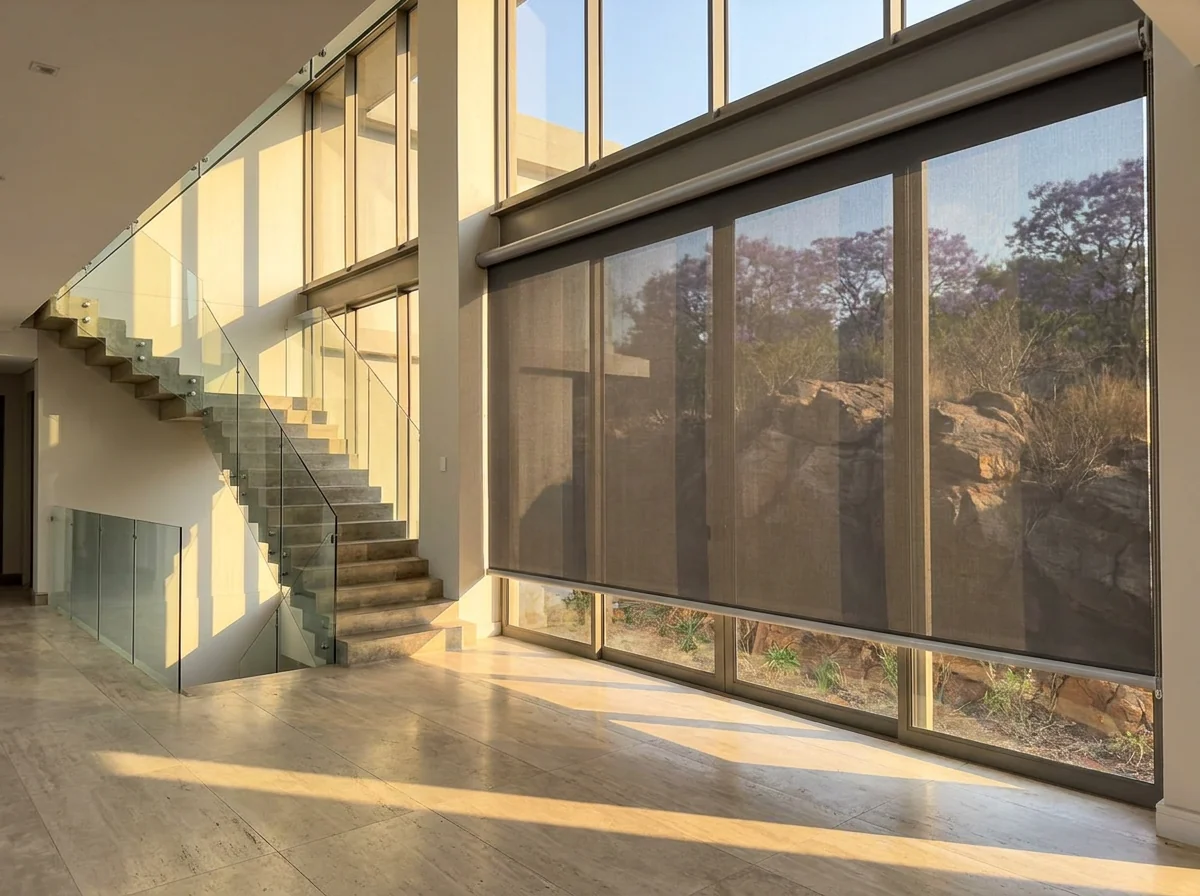 Motorised sunscreen roller blinds part-lowered across a tall double-volume stairwell void in a Waterkloof Ridge home, a rocky koppie outcrop and jacaranda canopy visible through the mesh weave