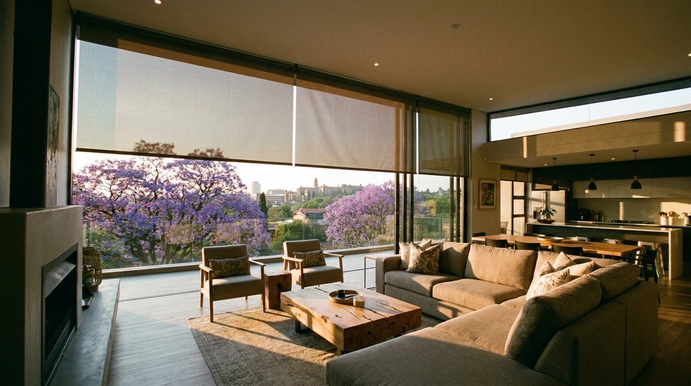 Wide interior view of an open-plan living room with floor-to-ceiling glass, sunscreen roller blind lowered halfway, jacarandas and skyline beyond
