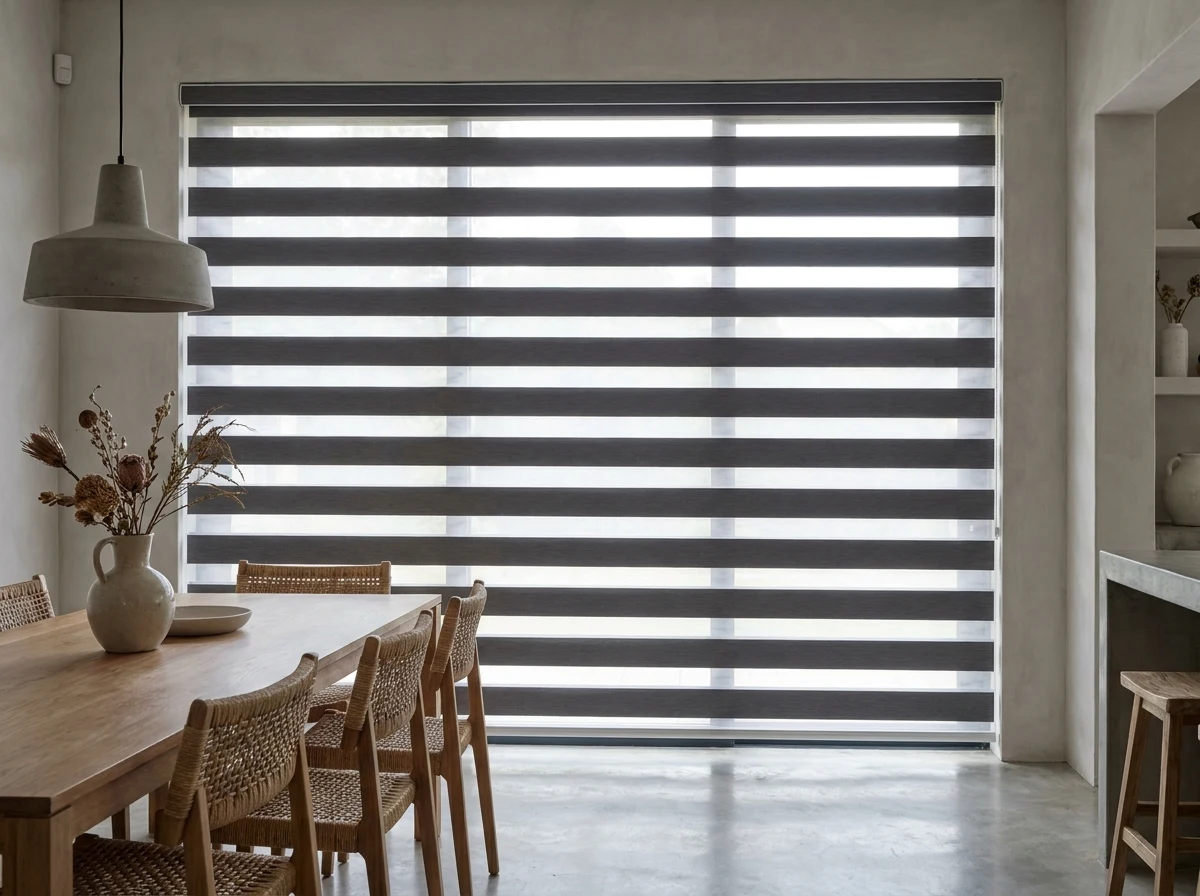 Day-night roller blind with alternating sheer and solid bands lowered over a dining room window