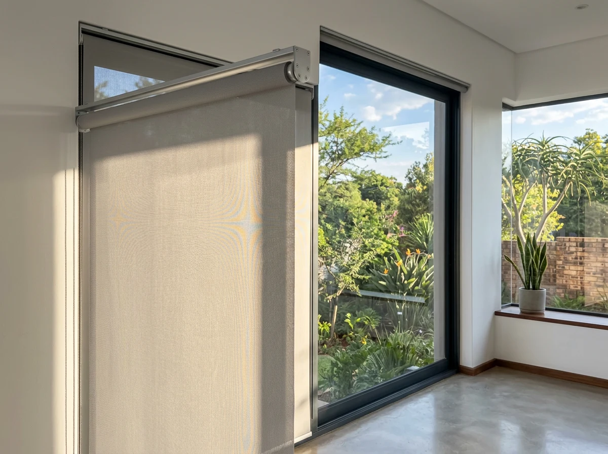 Sunscreen roller blind fabric wound onto its tube at a headrail, catching side light