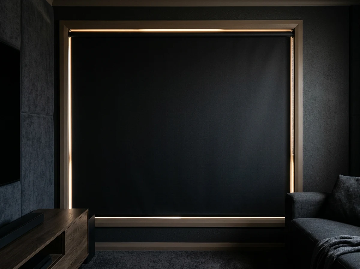 Blockout roller blind fully lowered over a media room window, thin edge glow at the hem