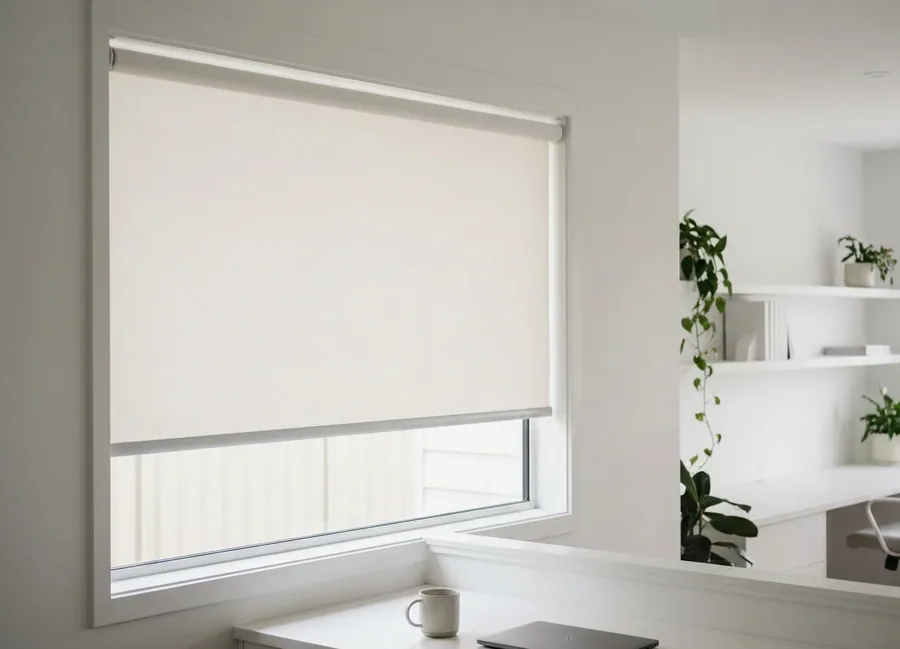 Roller blind in a single smooth flat fabric on its tube, lowered part-way across a window