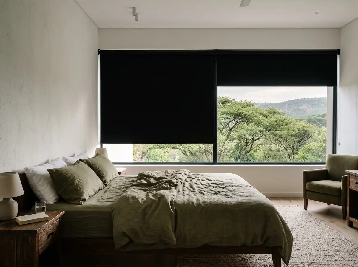 Blockout roller blinds part-lowered over a bedroom window, the treed slope visible below the hem