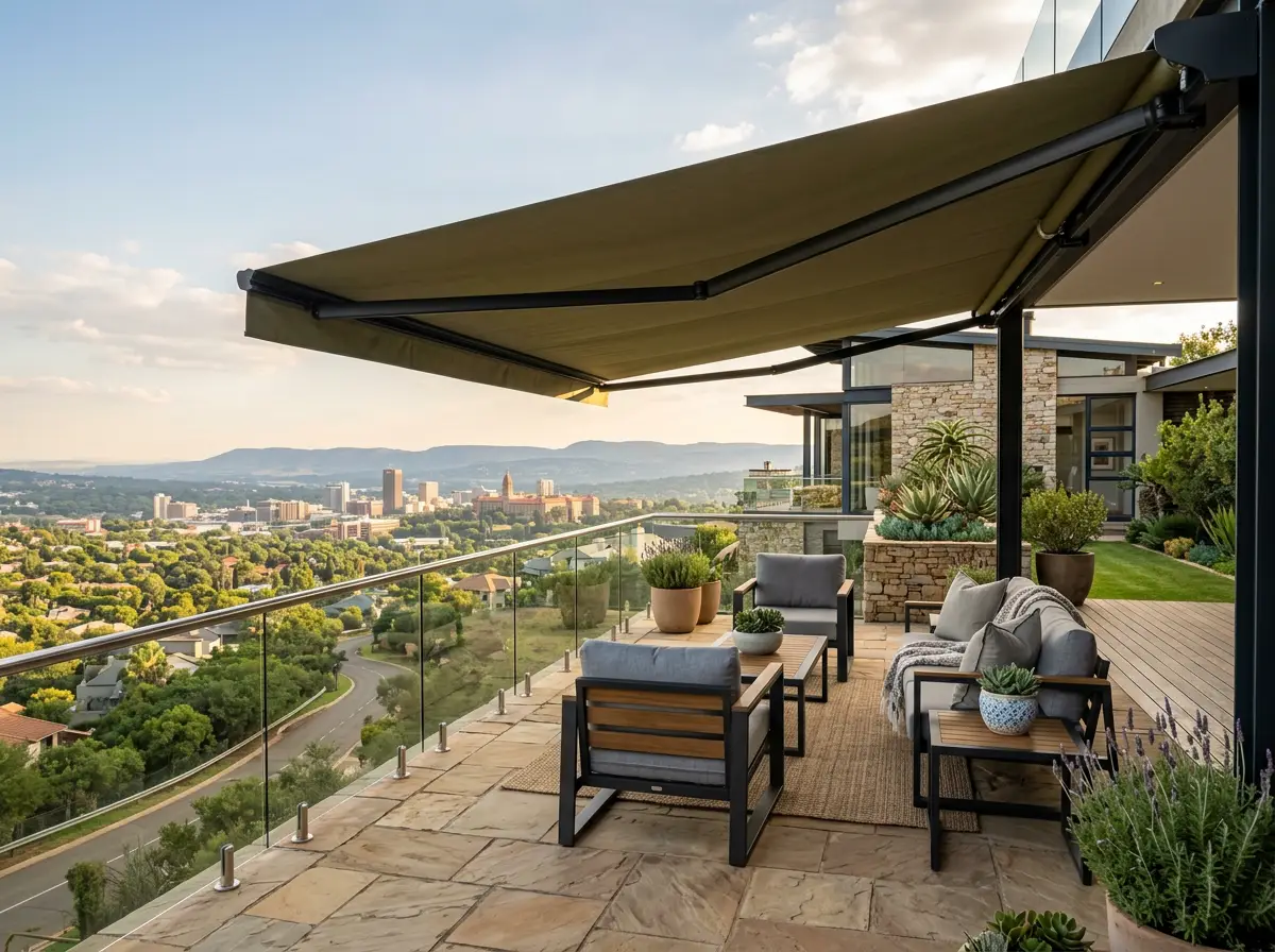 Folding-arm awning shading a ridge terrace above Pretoria, the city and koppies visible past the glass balustrade