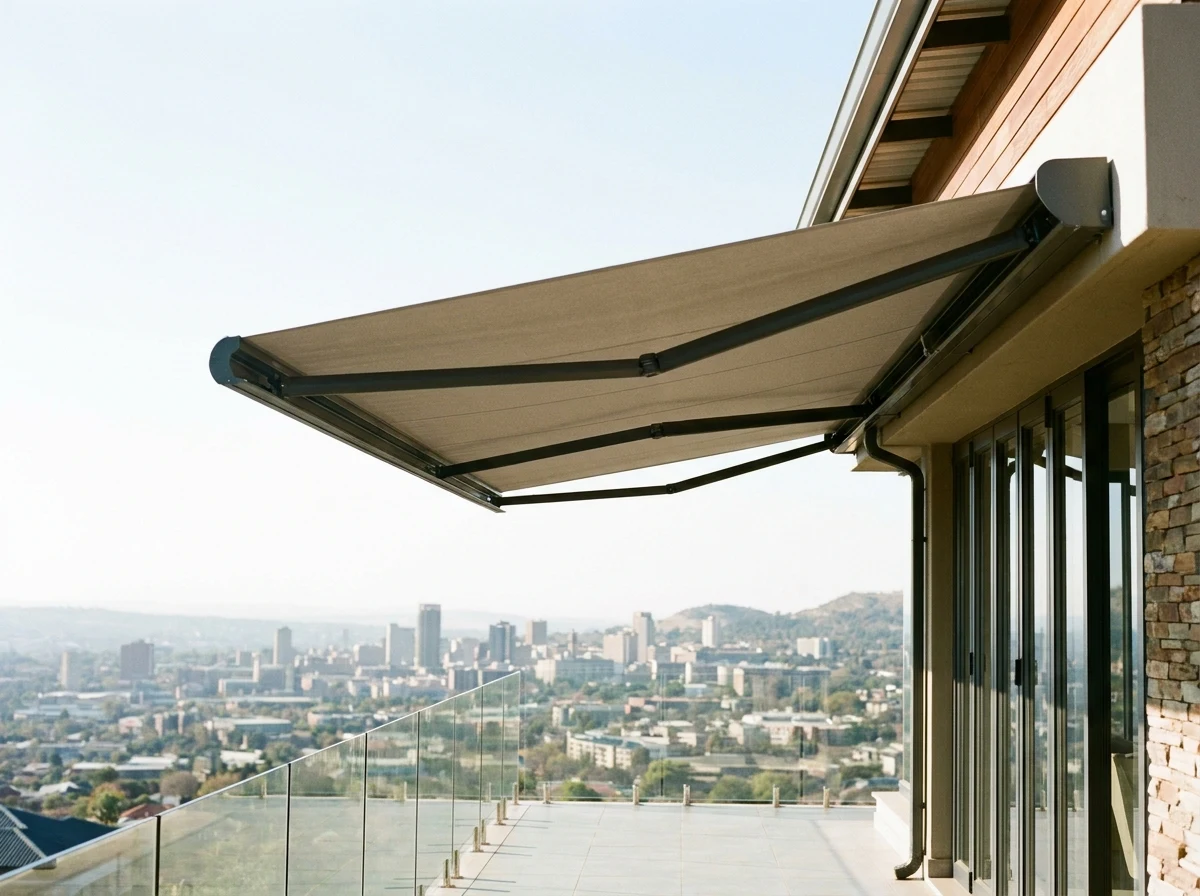 Folding-arm awning fully retracted above a ridge terrace overlooking the city bowl and koppies, glass balustrade in the foreground