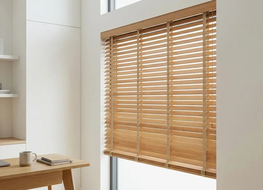 Timber venetian blind with wide wooden slats and cloth tapes in a study