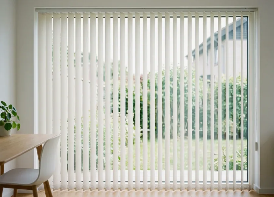 Vertical blind with hanging fabric vanes across a wide sliding door