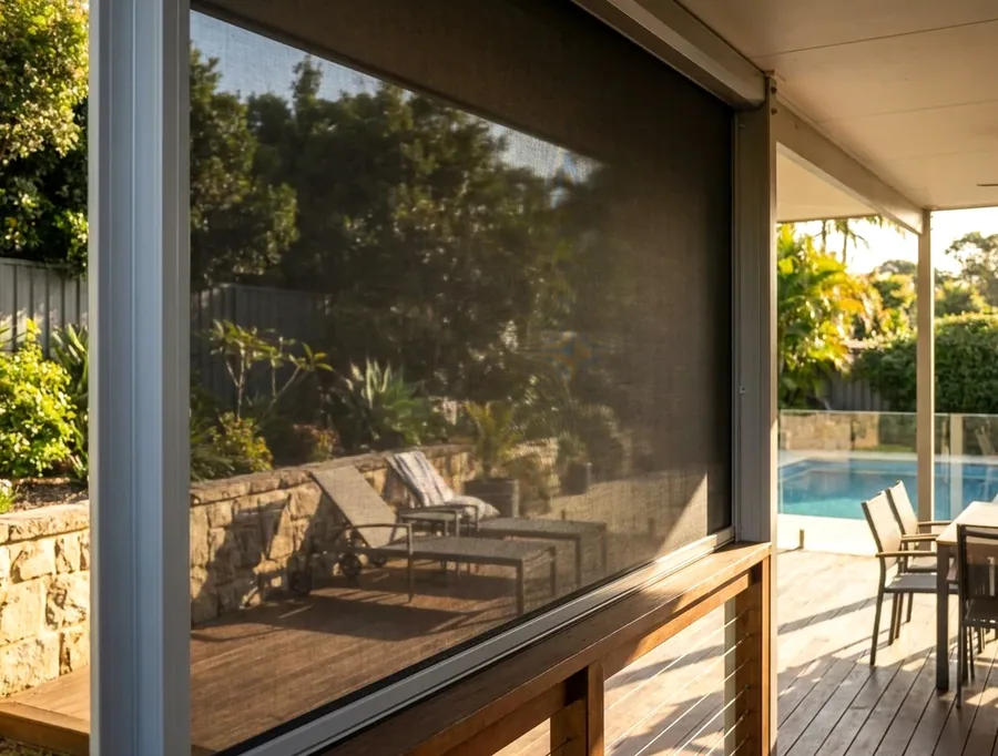 Zip screen of tensioned mesh running in side channels down the open side of a patio